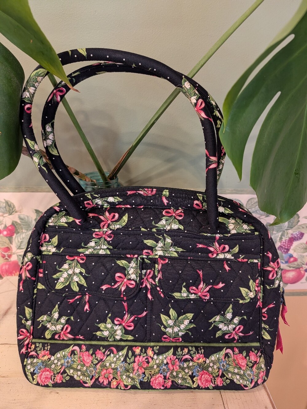 Vera Bradley NEW HOPE Bowler Bag Black Pink Bows Breast Cancer Awareness EXC